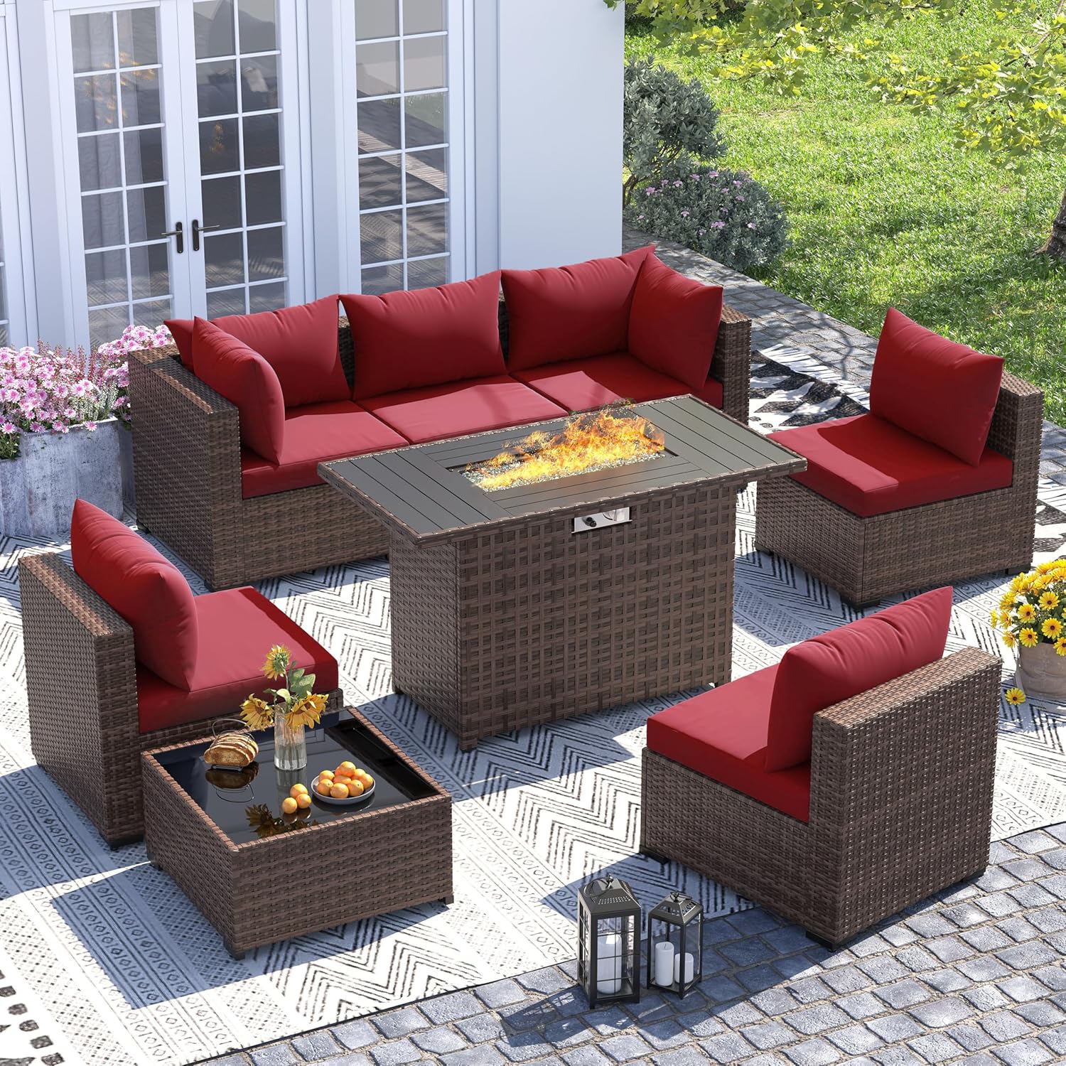 Outdoor Furniture Set With Fire Pit - 8피스 전천후 위커 섹셔널 소파 &