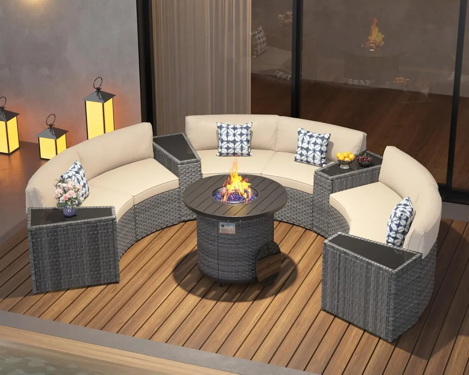 Outdoor Furniture Set With Fire Pit - 32인치 화덕 테이블, 11피스 반달형 곡선