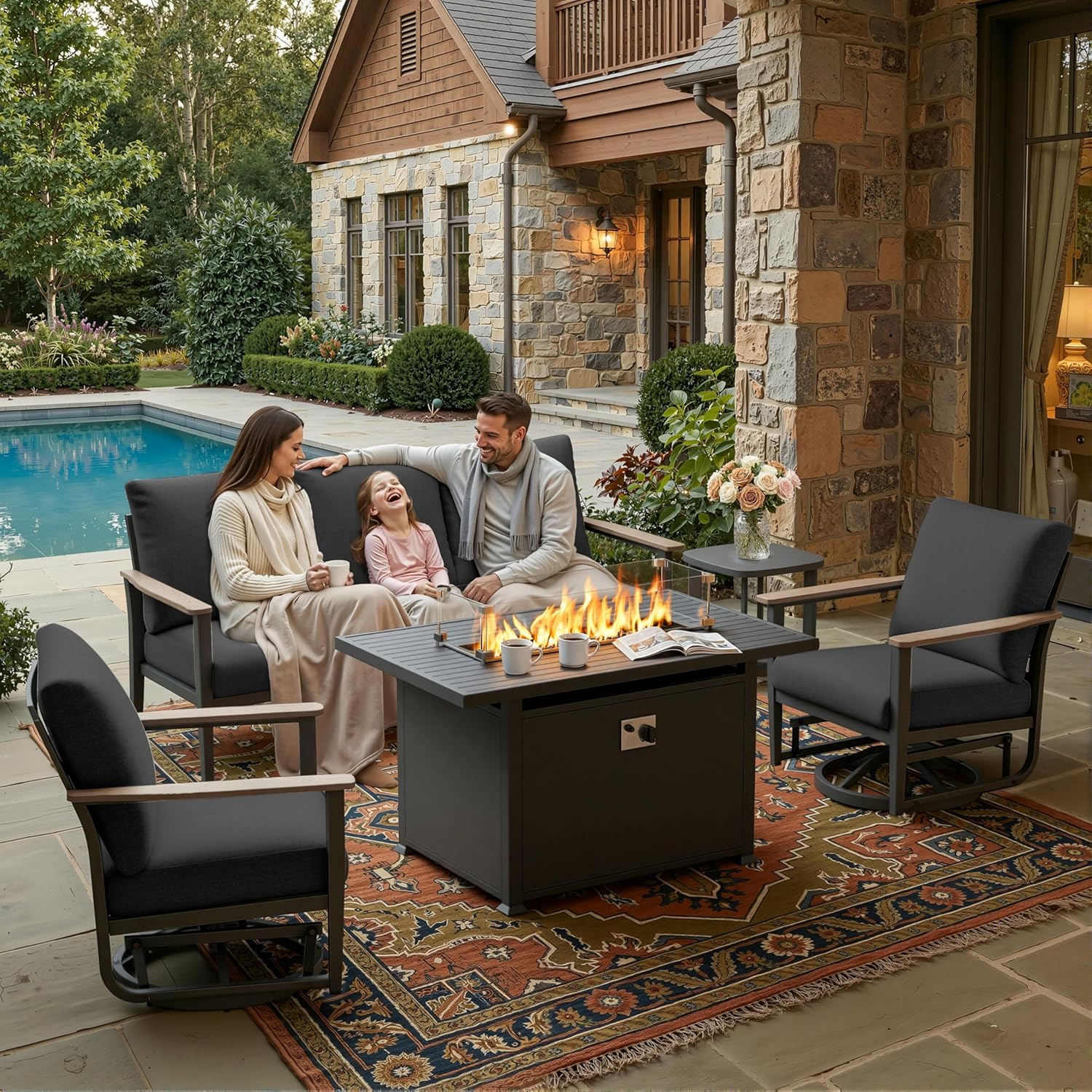 Outdoor Furniture Set With Fire Pit - 5피스 알루미늄 파티오 세트 회전식 로커