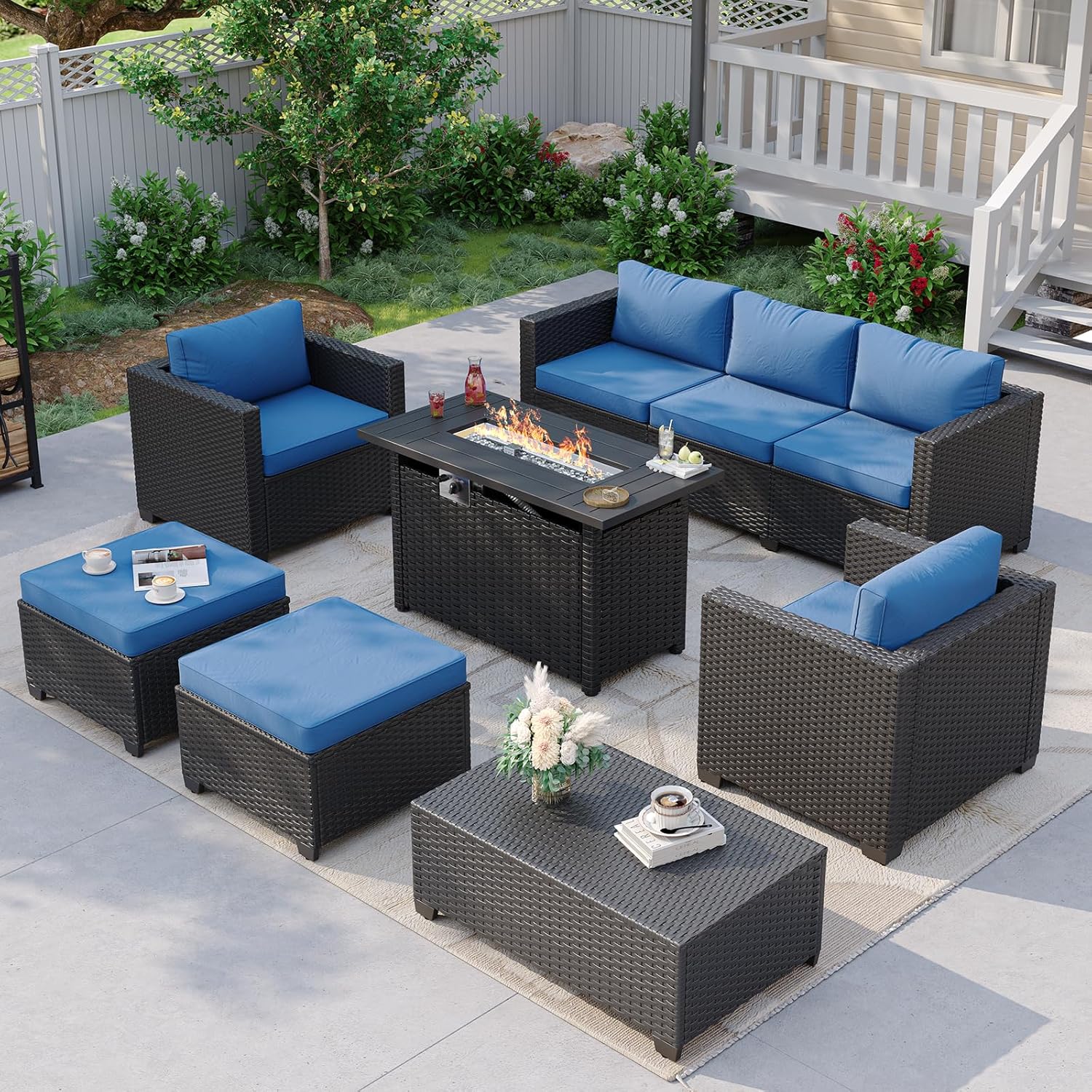 Outdoor Furniture Set With Fire Pit - 네이비 블루 야외용 섹셔널 소파 (화덕