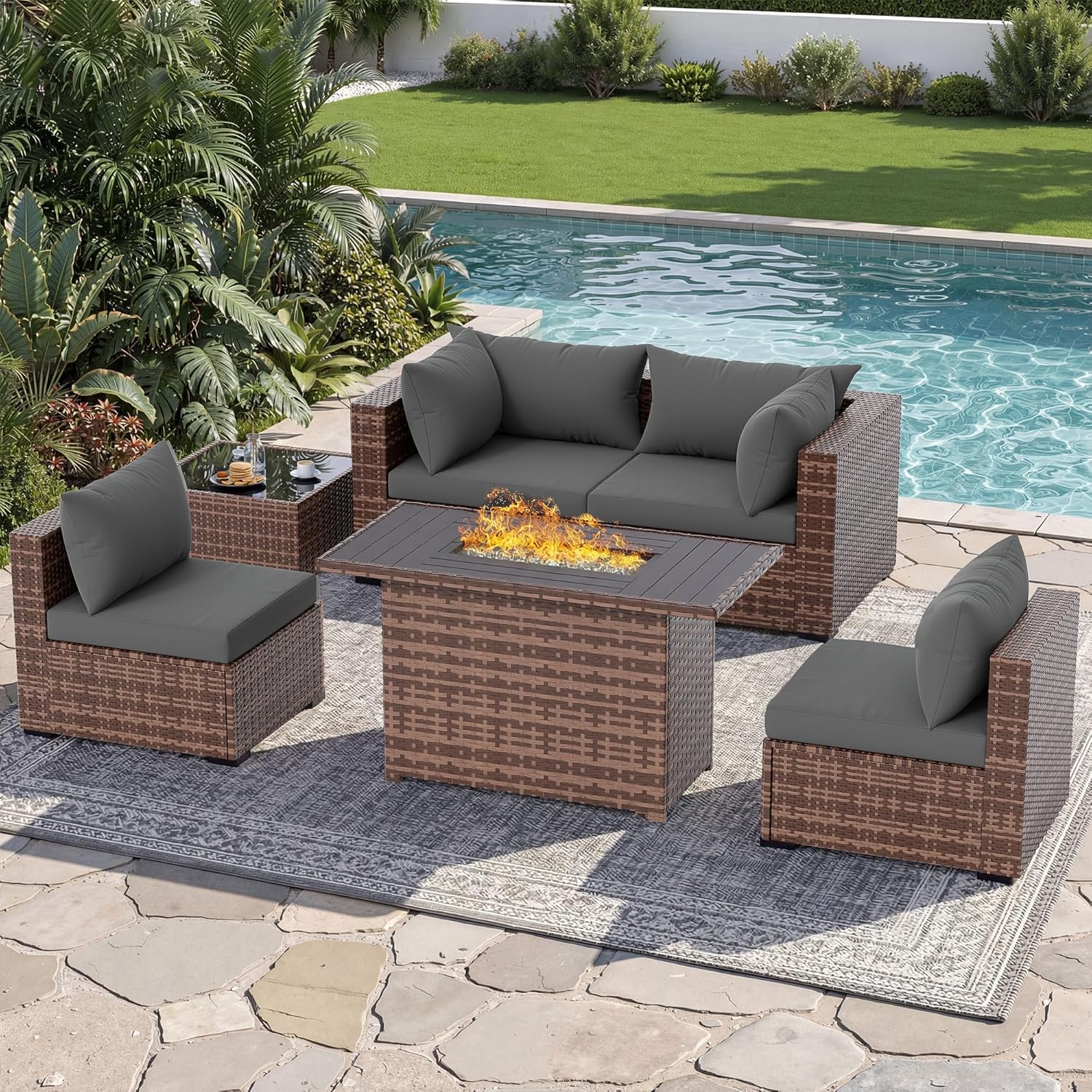 5피스 야외 섹셔널 소파 세트(화덕 테이블 포함), 전 - Outdoor Furniture Set With Fire Pit 리뷰 및 가격