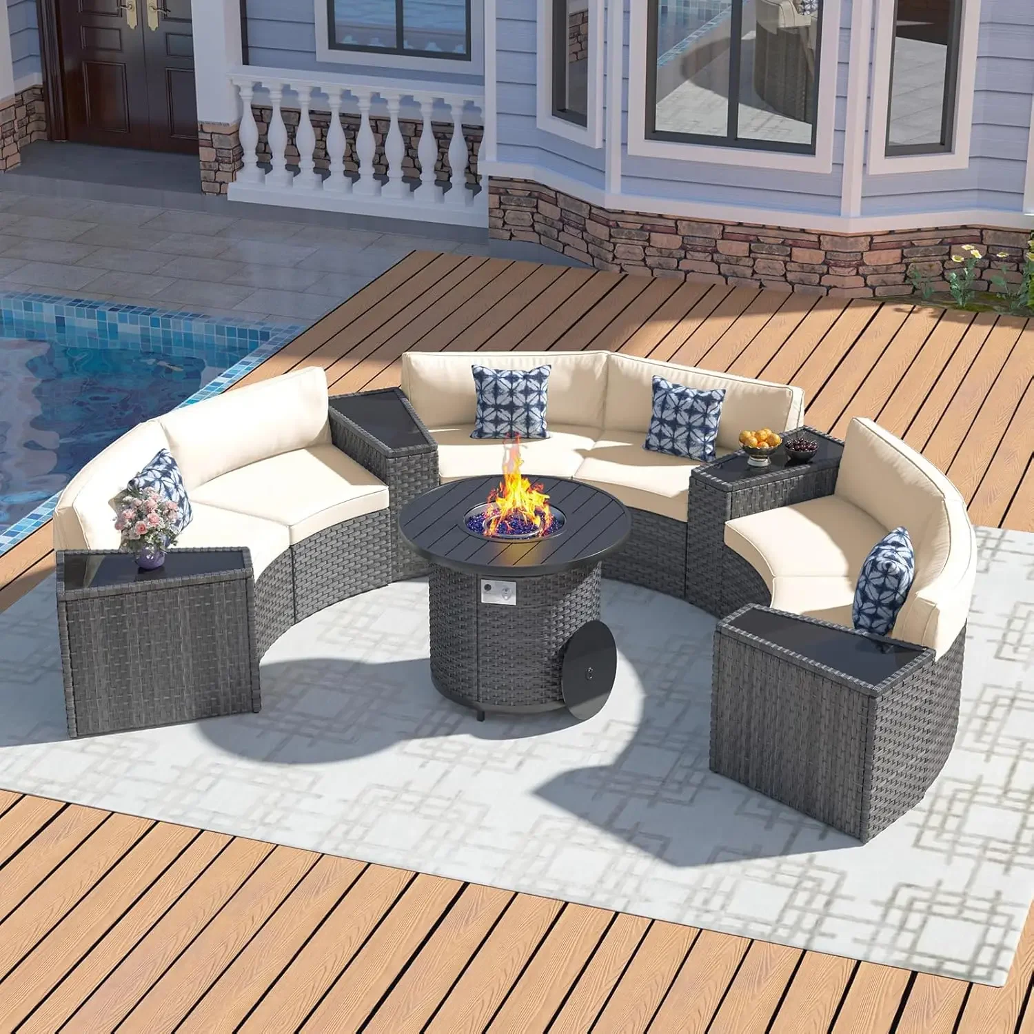 32인치 화덕 테이블, 11피스 반달형 곡선 야외 섹셔 - Outdoor Furniture Set With Fire Pit 리뷰 및 가격