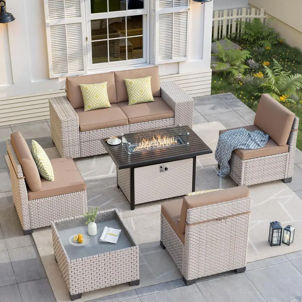 7피스 야외 파티오 가구 세트(화덕 포함), 유리 커피 - Outdoor Furniture Set With Fire Pit 리뷰 및 가격