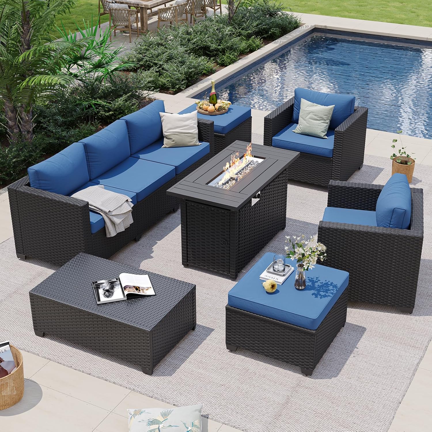 네이비 블루 야외용 섹셔널 소파 (화덕 테이블 및 수납 - Outdoor Furniture Set With Fire Pit 리뷰 및 가격