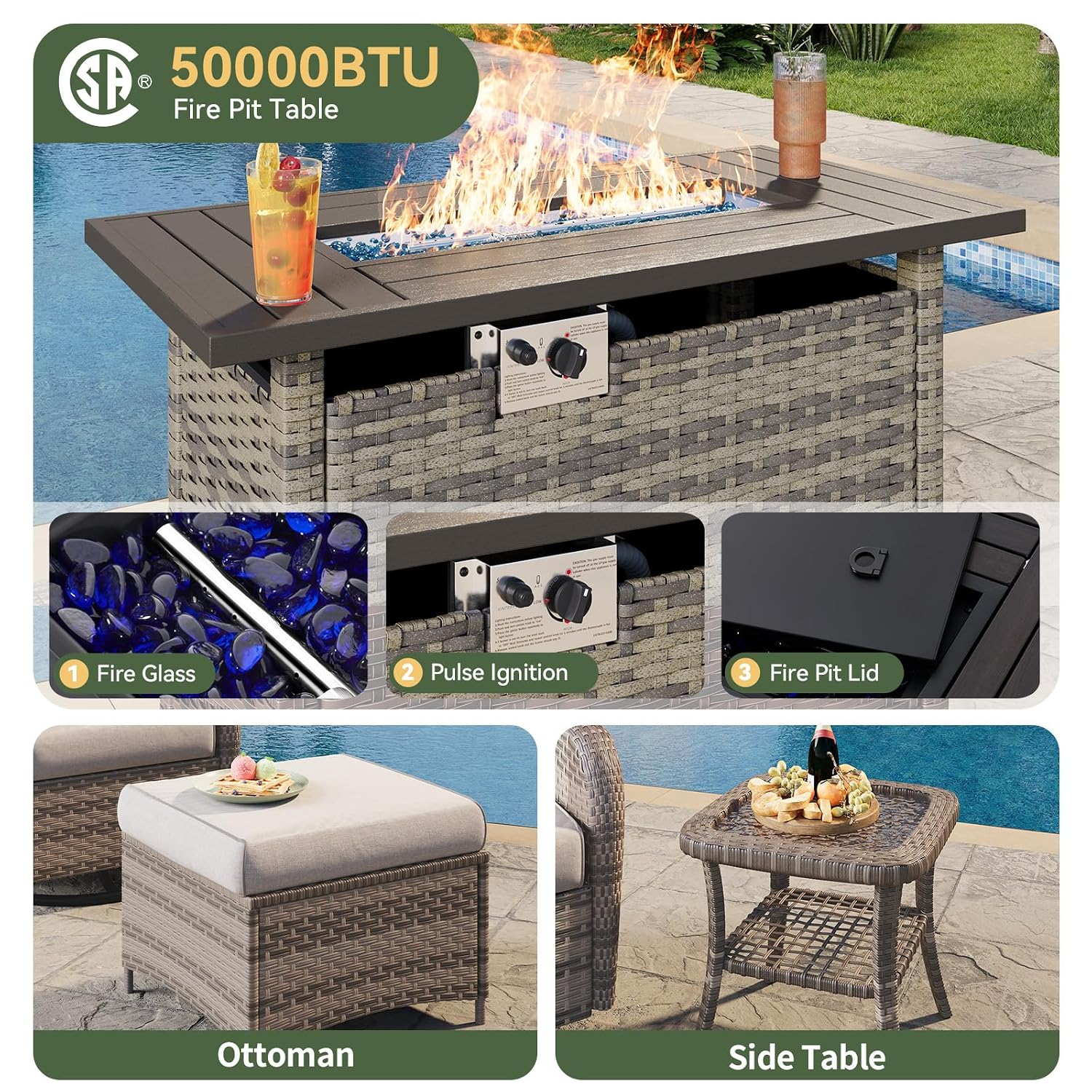 7피스 위커 파티오 세트(44인치 화덕 테이블, 하이백 - Outdoor Furniture Set With Fire Pit 리뷰 및 가격